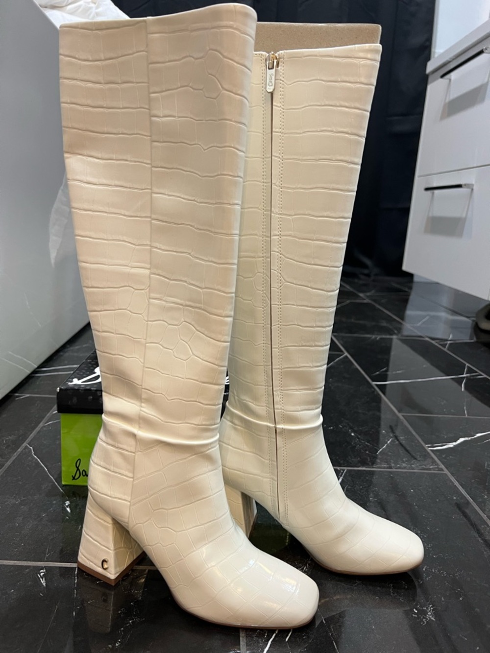 Sam Edelman Freda- Women’s Knee-High Croc-Embossed Block Heel Boots in white/cre